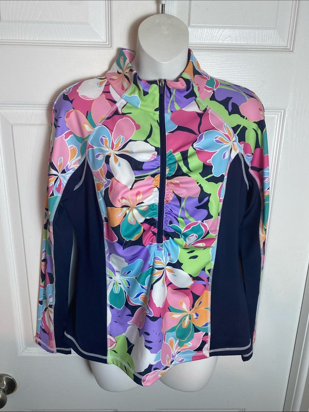 Boston Proper Teal, Purple & Pink Floral B Active Half Zip Pullover Jacket